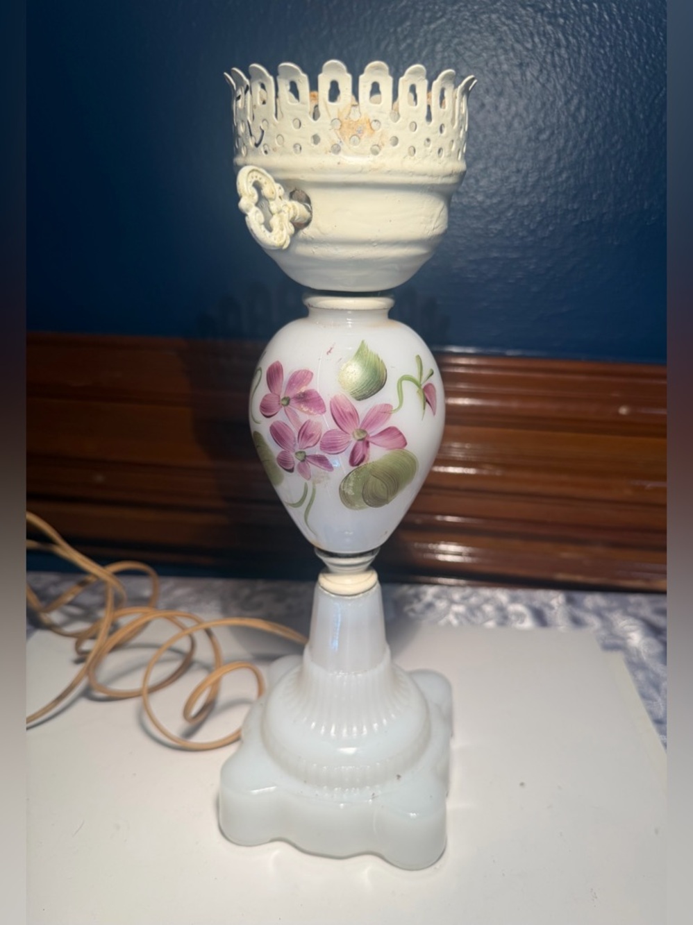 Vintage Hand Painted Floral Milk Glass, Hurricane Lamp